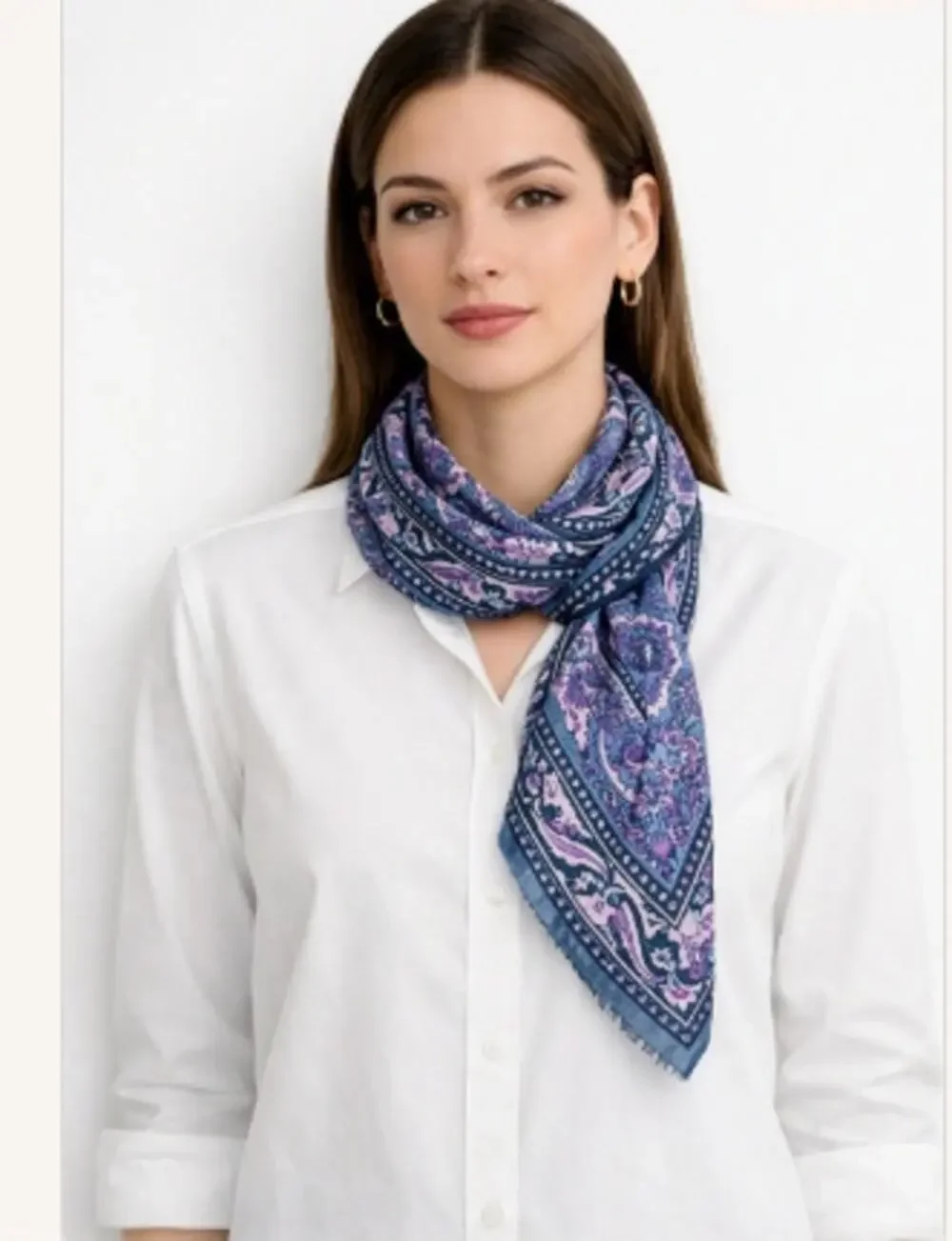 100% Silk Paisley Floral Scarf 10.5 x 60 inch VTG Purple Green Pink